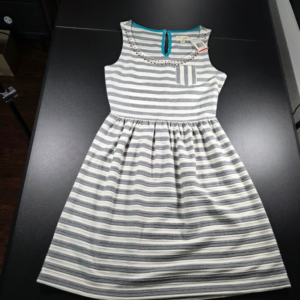 Maison Jules XS Grey White Striped Studded Sleeveless Fit Flare Dress NWT